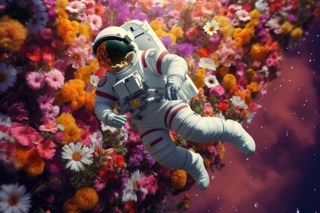 Un astronauta che galleggia in un campo di fiori con uno sfondo di fiori