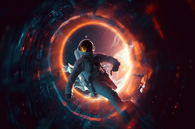 Un astronauta che galleggia in un tunnel con un anello di fuoco al centro.