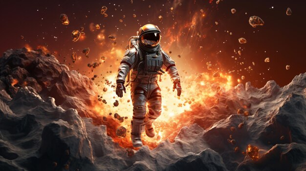 Un astronauta che galleggia nello spazio guarda un aereo che esplode
