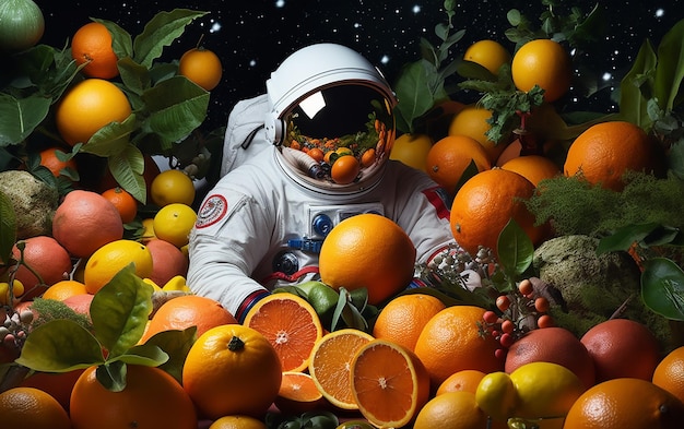 Un astronauta circondato da frutta e verdura.