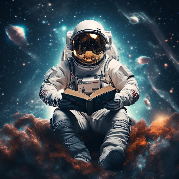 Un astronauta circondato da stelle e galassie che legge