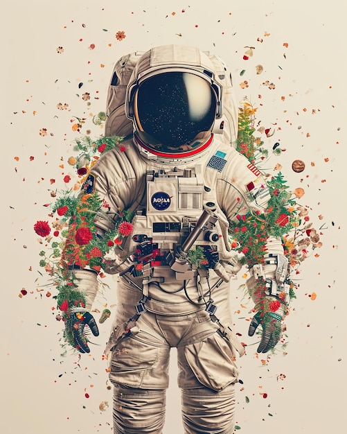 un astronauta con dei fiori che esplodono
