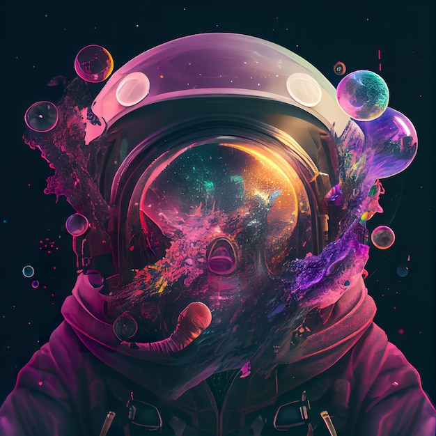 Un astronauta con un casco viola e una bolla sul viso.