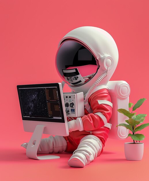 un astronauta con un portatile e una pianta sullo schermo
