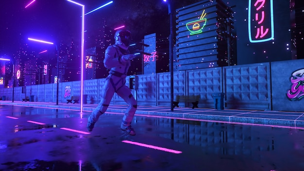 Un astronauta corre per strada in una città al neon. Sfondo anni '80. Stile retrò. Concetto futuristico. illustrazione 3D