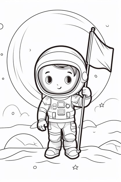 un astronauta dei cartoni animati che tiene una bandiera sulla luna