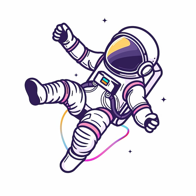 Un astronauta dei cartoni animati galleggia nello spazio con un nastro colorato attorno alla vita