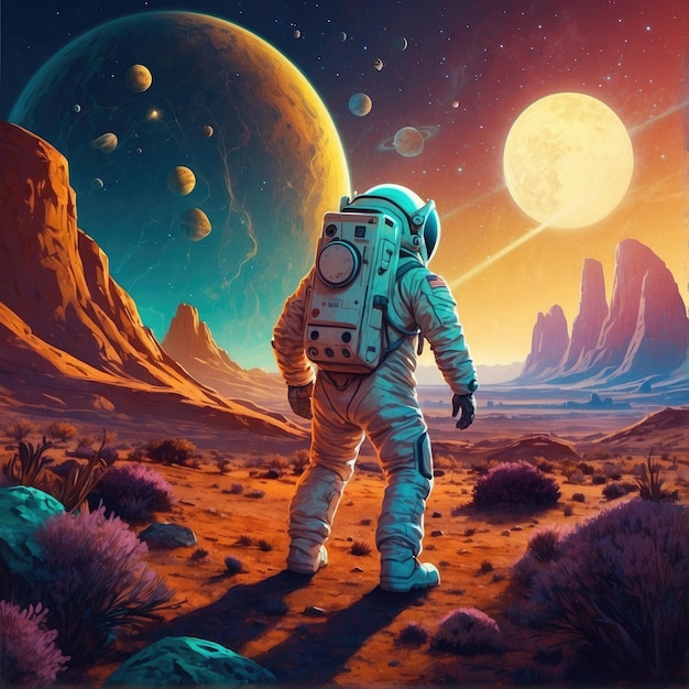 Un astronauta disegnato in stile illustrazione su un altro pianeta arte ai generazione