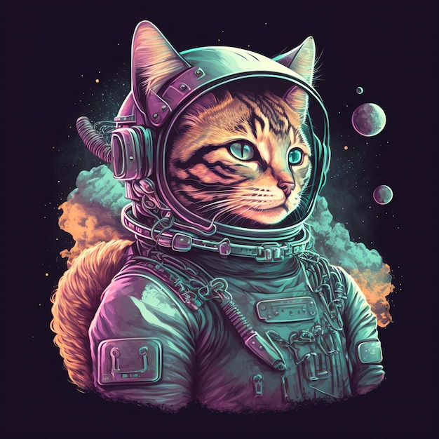 Un astronauta gatto dei cartoni animati sta volando su un'astronave con sopra un casco nello spazio