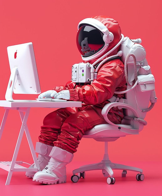 un astronauta in abito da astronauta si siede su una scrivania con un computer