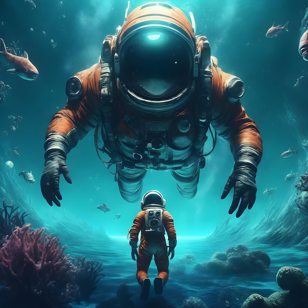 un astronauta in piedi davanti a una scena subacquea ai generativa