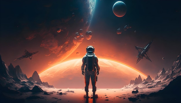 Un astronauta in piedi nello spazio rivolto verso i pianeti generativi ai