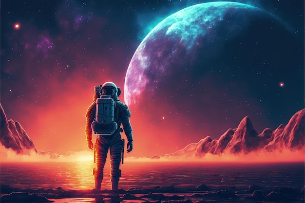 Un astronauta in piedi vicino all'oceano con un pianeta sullo sfondo Fantasy concept Illustrazione pittura Generative AI