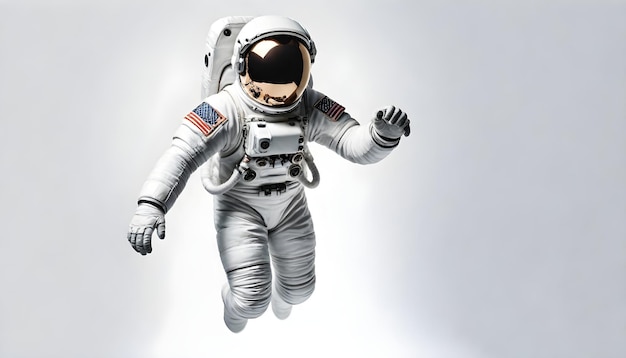 Un astronauta in tuta spaziale bianca celebra il giorno del volo spaziale umano 12 aprile Astronauta in tuta bianca