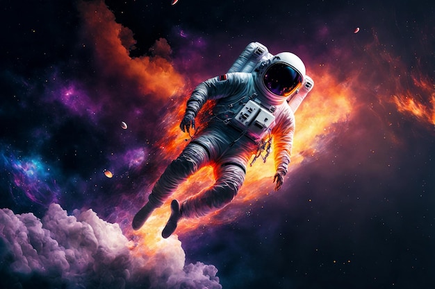 Un astronauta in tuta spaziale che galleggia in una colorata galassia al neon con nuvole e nebulosa