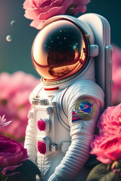 un astronauta in tuta spaziale con un fiore rosa sullo sfondo