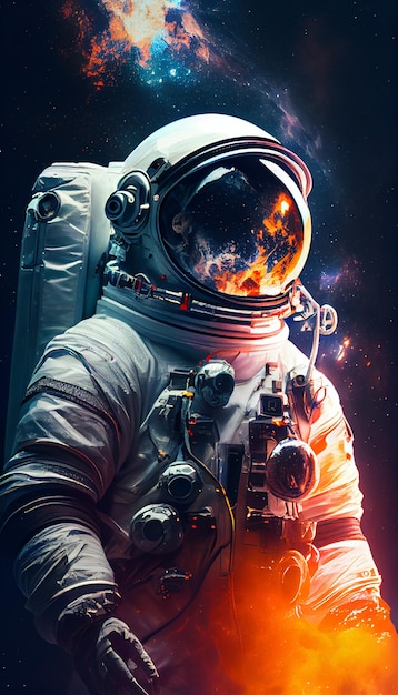 Un astronauta in tuta spaziale con un incendio sul casco