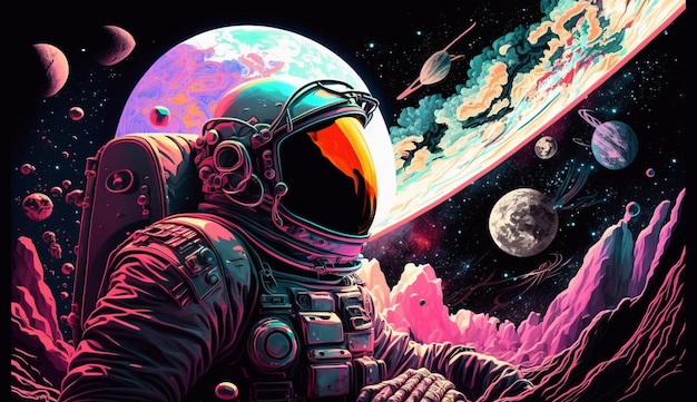 Un astronauta in tuta spaziale con un pianeta sullo sfondo.