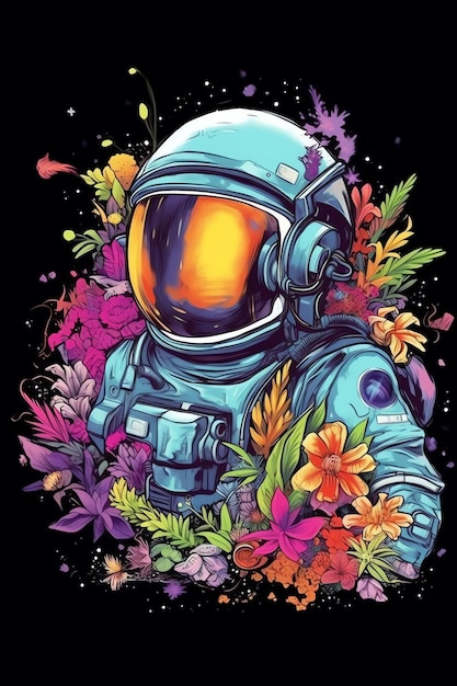 Un astronauta in tuta spaziale e galleggiante nello spazio Un astronauta carino e divertente e il pianeta dei fiori