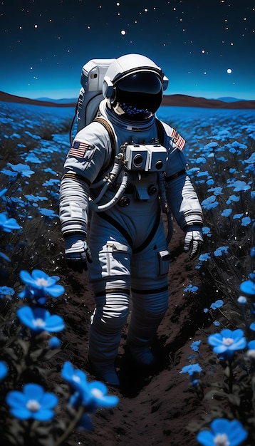 un astronauta in un campo di fiori blu surreale arte oscura trending su artstation interconnessa