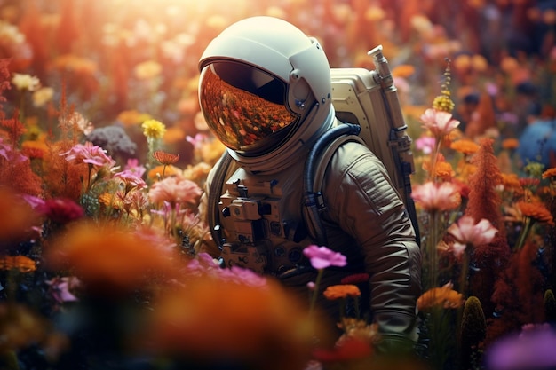 un astronauta in un campo di fiori circondato da fiori rosa