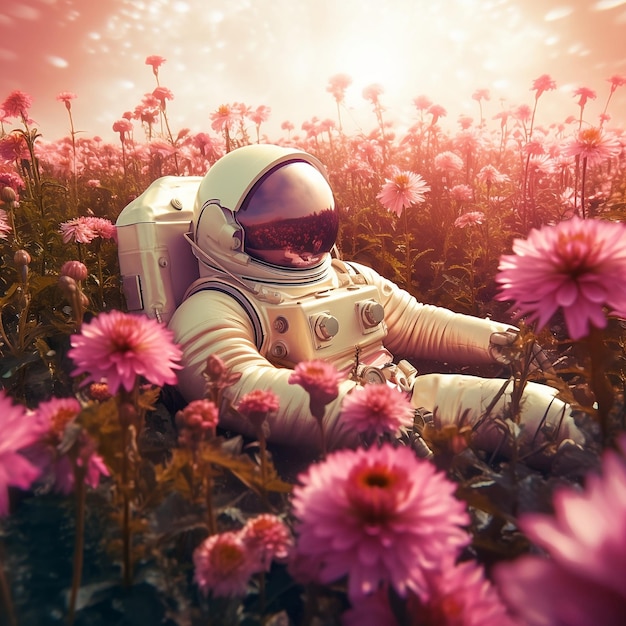 Un astronauta in un campo di fiori rosa con il tramonto