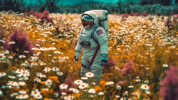 Un astronauta in un campo di fiori