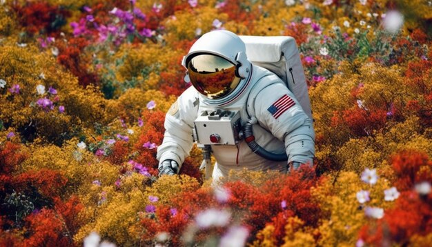 Un astronauta in un campo di fiori.