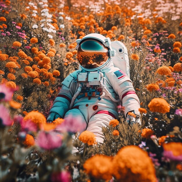 Un astronauta in un campo di fiori