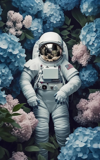 Un astronauta in un giardino fiorito con un'ortensia blu.