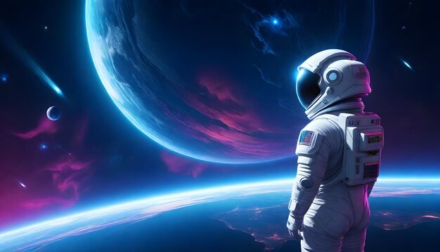 Un astronauta in una tuta spaziale blu in piedi sulla superficie di un pianeta sconosciuto