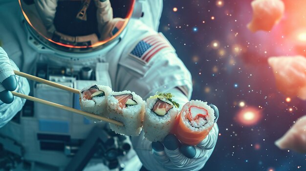 Un astronauta mangia delizioso sushi levitando sullo sfondo dello spazio aperto