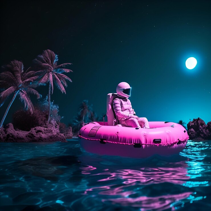 Un astronauta nuota di notte nell'oceano in un cerchio gonfiabile Illustrazione della scienza cyberpunk Contenuti generati dall'intelligenza artificiale