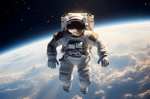 Un astronauta o un astronauta che fluttua nello spazio con lo sfondo della terra