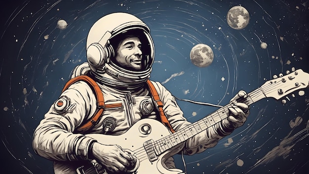 Un astronauta retrostile che suona al ritmo di un'illustrazione di una canzone rock classica