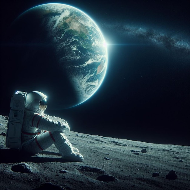 un astronauta seduto sulla terra della luna che guarda la terra che giace lontano nell'oscurità