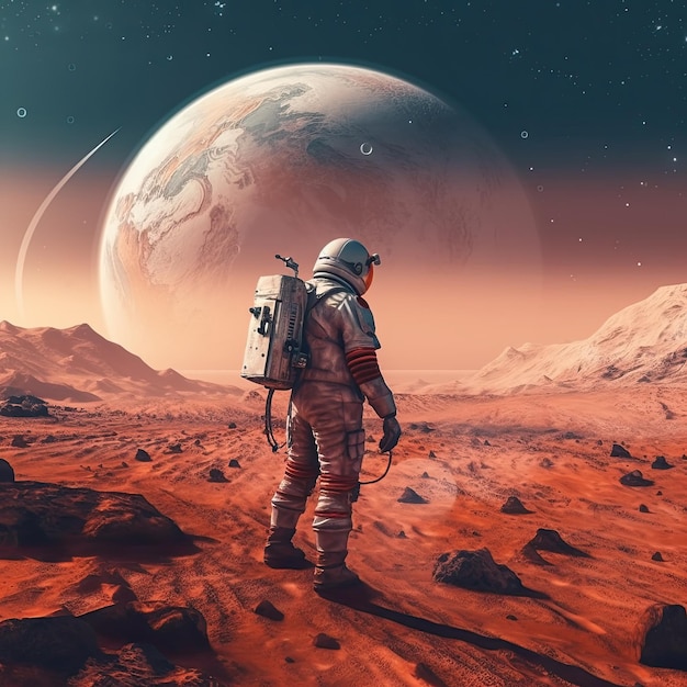 Un astronauta si trova di fronte a un pianeta con un pianeta sullo sfondo.