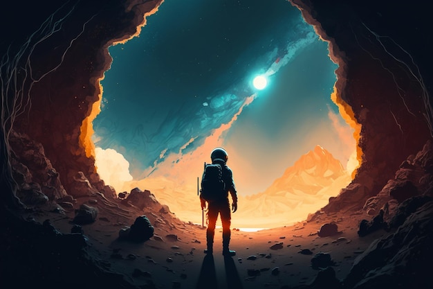Un astronauta si trova di fronte a una grotta con un cielo blu e una meteora sullo sfondo.