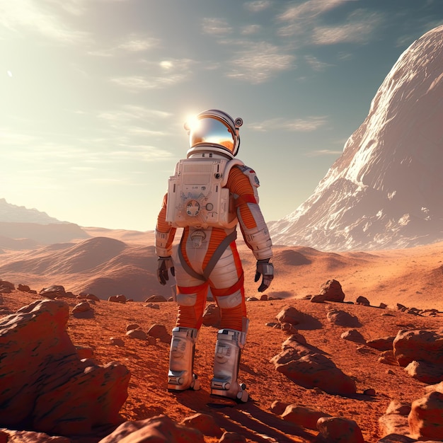 Un astronauta si trova di fronte a una montagna e guarda la luna.