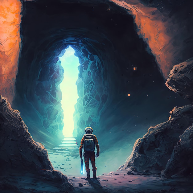 Un astronauta si trova in una grotta con vista sullo spazio