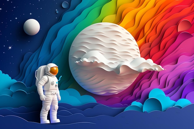 Un astronauta si trova su uno sfondo arcobaleno con un arcobaleno e stelle.