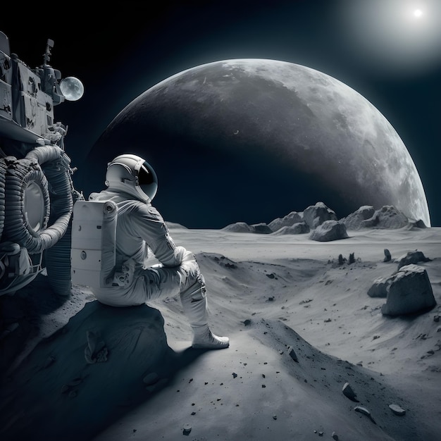 Un astronauta siede sulla luna nello spazio