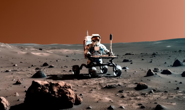 Un astronauta solitario vaga su Marte con il suo rover creando usando strumenti di IA generativa