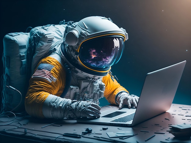 Un astronauta sta lavorando su un computer portatile Ai generative