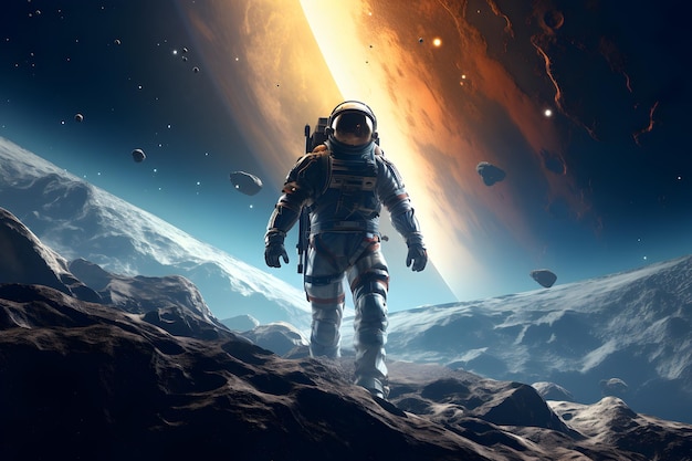 Un astronauta stupito sulla superficie della luna Bello dello spazio profondo Spazio e universo