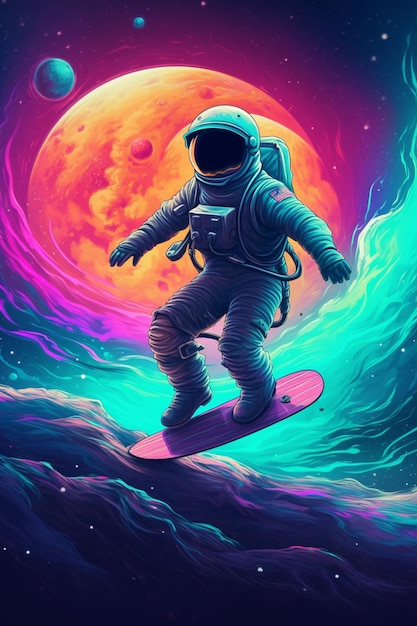 Un astronauta su uno skateboard nello spazio