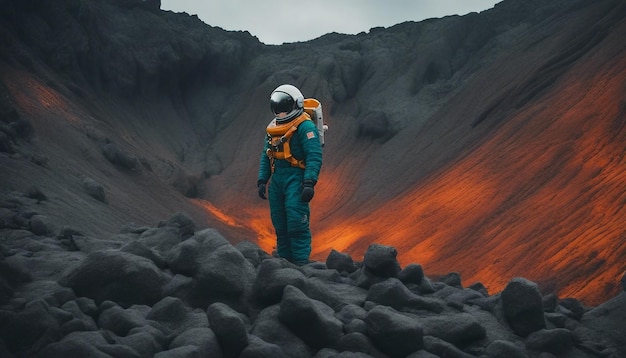 Un astronauta tra le rocce vulcaniche