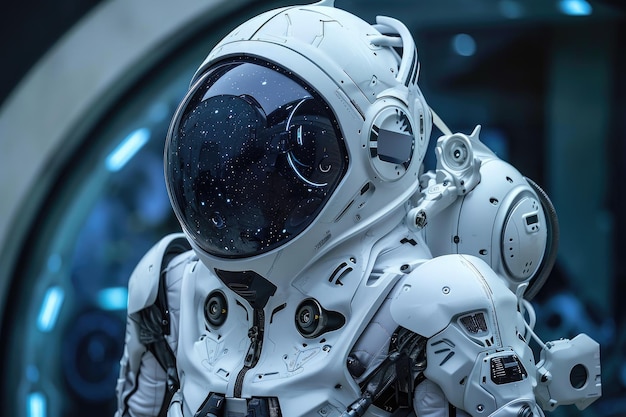 Un astronauta vestito con una tuta spaziale è catturato con una telecamera in questa immagine una tuta biotecnologica futuristica progettata per l'esplorazione dei mari profondi generata dall'IA