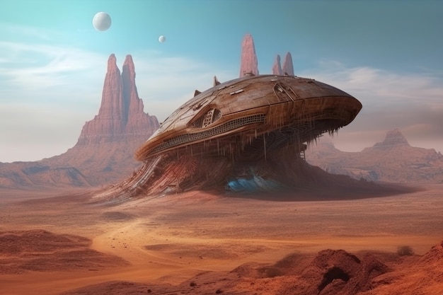 Un'astronave arrugginita che si libra attraverso un deserto con una città aliena in lontananza L'illustrazione raffigura un'accattivante scena fantasy 3D IA generativa