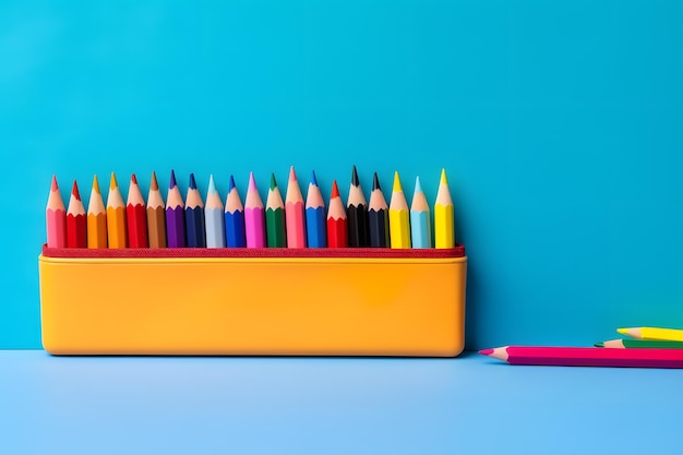 Un astuccio colorato pieno di una varietà di strumenti di scrittura che rappresentano la creatività